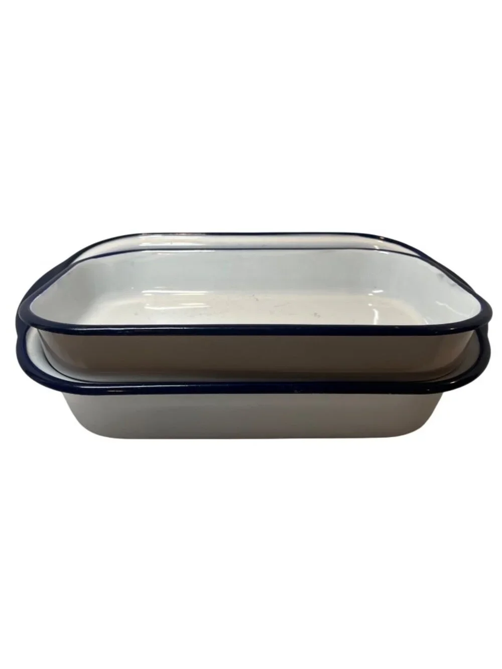 Two Enamelware Nesting Bakeware Set White Blue Rim Rectangular Roasting Pans